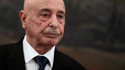 Aguila Saleh, speaker of the House of Representatives in eastern Libya, listens to remarks during a visit to the Greek parliament in Athens. Reuters