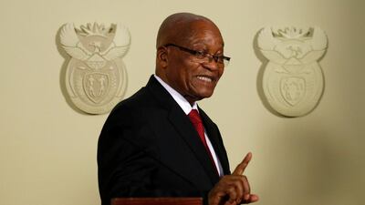 South Africa's president Jacob Zuma gestures after announcing his resignation at the Union Buildings in Pretoria. Siphiwe Sibeko / Reuters