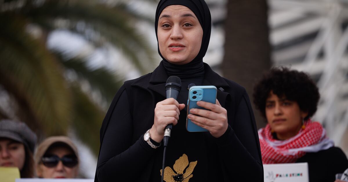 Photo: thenationalnews.com Wissam Hamada, mother of Hind Rajab, attends the unfurling of a giant portrait of her daughter in Barcelona, Spain, on