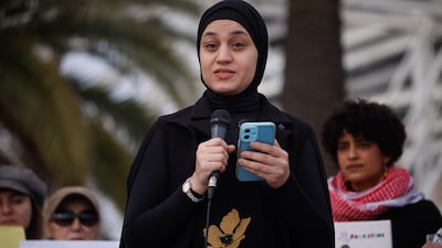 Wissam Hamada, mother of Hind Rajab, attends the unfurling of a giant portrait of her daughter in Barcelona, Spain, on January 29, 2026 – the second anniversary of her killing by Israeli troops in Gaza. Europa Press via Getty Image