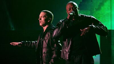 Eminem, left, and Dr Dre perform onstage during The 53rd Annual GRAMMY Awards held at Staples Center on February 13, 2011 in Los Angeles, California. Kevin Winter / Getty Images / AFP