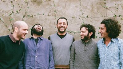Formed by Iraqi oud player Khyam Allami,right, in 2012, Alif also features, from left, Palestinian Tamer Abu Ghazaleh, Bashar Farran and Khaled Yassine of Lebanon, and Maurice Louca of Egypt. Courtesy Tanya Traboulsi
