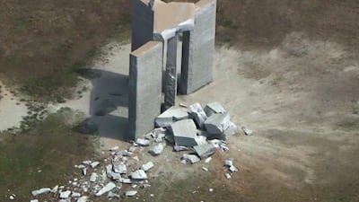 Rubble around the Georgia Guidestones after an explosion in Elberton, Georgia, on July 6. WSB-TV / Reuters