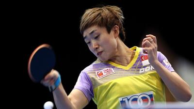 Feng Tianwei of Singapore in action against Chen Szu-yu of Chinese Taipai during Day 1 of the 2016 Table Tennis Asian Cup at Dubai World Trade Centre on April 28, 2016 in Dubai. (Photo by Warren Little/Getty Images)