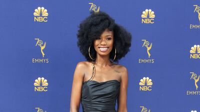 Xosha Roquemore in a bold and beautiful ruched evening gown. Photo / EPA