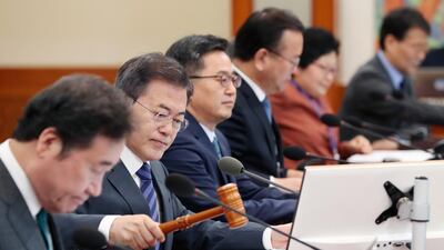 A handout photo made available by Cheong Wa Dae (the South Korean presidential office) shows South Korean President Moon Jae-in (2-L) chairing a cabinet meeting at the presidential office Cheong Wa Dae (or Blue House) in Seoul, South Korea 08 May 2018. Moon marks his first year in office on 10 May. Cheong Wa Dae / EPA