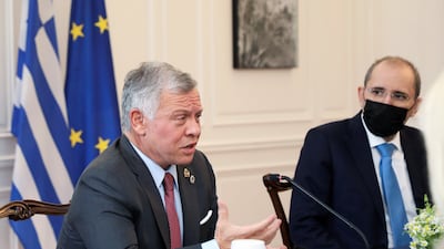 King Abdullah II speaks at Maximos Mansion in Athens.