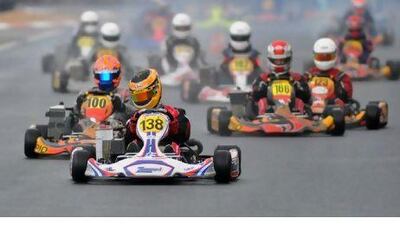 Edward Jones leads the field at the first turn of the Rotax Max Seniors yesterday.