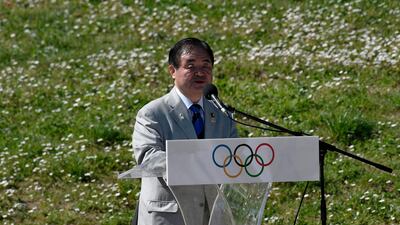 Paralympic Games vice president Toshiaki Endo speaks during the Olympic flame lighting ceremony. AFP