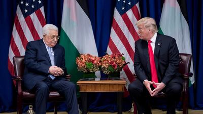 Palestinian Authority president Mahmoud Abbas listens while US President Donald Trump makes a statement at the 2017 UNGA. AFP