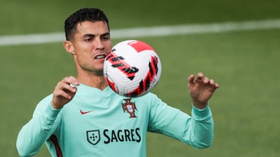 Portuguese soccer player Cristiano Ronaldo in action during Portugal´s national team training session at Oeiras, outskirts of Lisbon, Portugal, 05 October 2021. EPA / TIAGO PETINGA
