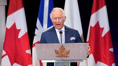 Britain's Prince Charles speaks during a welcome ceremony in St John's, Canada, as he and Camilla, Duchess of Cornwall, begin a three-day tour of the country. It is taking place at a time when affinity for the British Crown is waning among many in the Commonwealth member. AP
