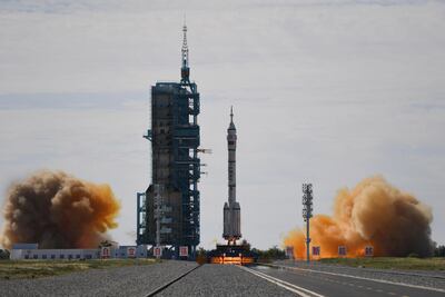 A Long March-2F carrier rocket, carrying the Shenzhou-12 spacecraft and the crew, lifts off from the Jiuquan Satellite Launch Centre in the Gobi desert in northwest China. AFP