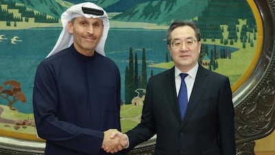 Khaldoon Al Mubarak, Presidential Special Envoy to China and chairman of the Executive Affairs Authority, with Chinese official Ding Xuexiang in Beijing. Wam