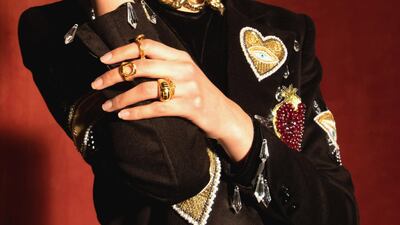 A jacket covered in motifs of the evil eye and pomegranates, from the autumn / winter 2021 collection by Osman Yousefzada. Courtesy Osman Yousefzada.