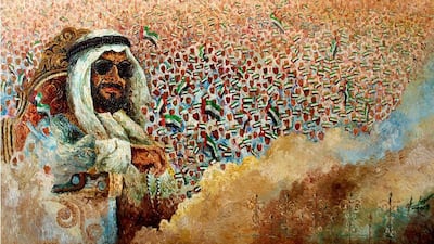 A painting of Sheikh Zayed by artist Akbar Saheb. They will be part of the exhibition of Mr Saheb’s work at the Ramadan Night Market in Dubai. Courtesy Akbar Saheb