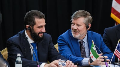 Syrian President Ahmad Al Shara (left) and Steve Lutes, Vice President of Middle East Affairs of the US Chamber of Commerce, at a roundtable discussion on the sidelines of the UN General Assembly in New York, 2026. Photo: US Chamber of Commerce