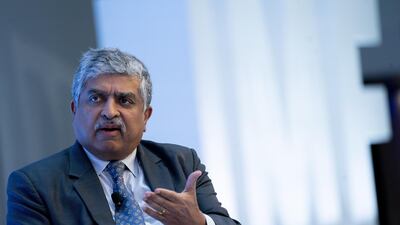 Nandan Nilekani, co-founder and chairman of Infosys, speaking at a panel discussion during the International Monetary Fund and World Bank Group annual meeting in Washington. Bloomberg