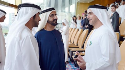 Sheikh Mohammed bin Rashid, Vice President and Ruler of Dubai, his son, Sheikh Hamdan bin Mohammed, Crown Prince of Dubai, and Sheikh Saif bin Zayed Al Nahyan, Deputy Prime Minister, attend the Dubai World Cup at Meydan Racecourse. Wam