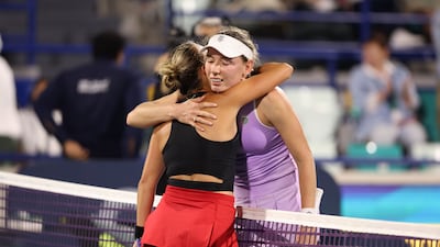 Sara Bejlek, embraces with Ekaterina Alexandrova after her straight-sets victory at the Mubadala Abu Dhabi Open final.