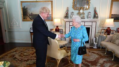 Queen Elizabeth welcomes Mr Johnson as the newly elected leader of the Conservative party and invites him to become prime minister and form a new government, at Buckingham Palace in July 2019. Getty Images
