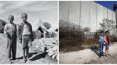 A combination picture shows Palestinian boys posing for a photo in Aida refugee camp in Bethlehem in the Israeli-occupied West Bank, in this undated handout photo and Palestinian boys posing for a photo in front of a section of the Israeli barrier in Aida refugee camp in Bethlehem in the Israeli-occupied West Bank, October 19, 2019. REUTERS