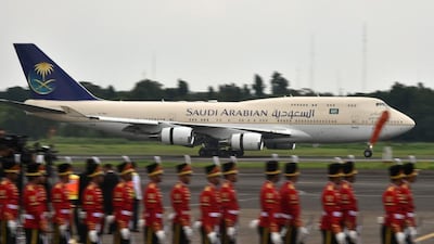 The plane carrying Saudi Arabia's King Salman bin Abdul Aziz lands at Halim airport in Jakarta on March 1, 2017. AFP
