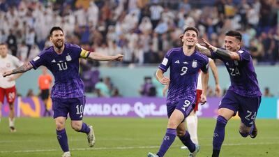 Julian Alvarez celebrates after scoring the second goal for Argentina. Getty