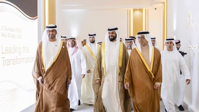 Sheikh Mansour bin Zayed, Vice President, Deputy Prime Minister and Chairman of the Presidential Court, opened the 39th edition of Adipec on October 2. Dr Sultan Al Jaber, Cop28 President-designate, Sheikh Nahyan bin Mubarak, Minister of Tolerance and Coexistence, and Suhail Al Mazrouei, Minister of Energy and Infrastructure, were also present. All photos: Wam