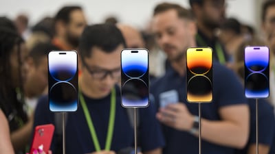 New iPhone 14 phones on display at Apple Park campus in Cupertino, California. Bloomberg
