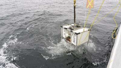 Deployment of science lander "Flere" at the Southern Ocean dive site. Courtesy: The Five Deeps Expedition