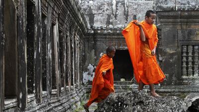 Monks visit the 900-year-old Preah Vihear temple on the border between Thailand and Cambodia. Samrang Pring / Reuters