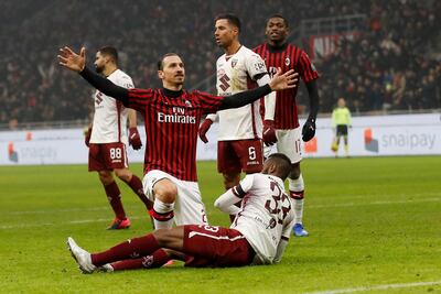 AC Milan's Zlatan Ibrahimovic celebrates scoring in their 4-2 win against Torino in the Coppa Italia quarter-finals. AP