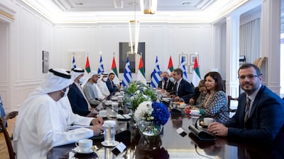 President Sheikh Mohamed attends a meeting with Greek Prime Minister Kyriakos Mitsotakis at the Maximos Mansion in Athens.