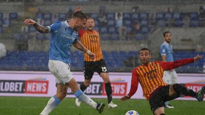 Ciro Immobile scores for Lazio in their 5-3 win over Benevento. AP