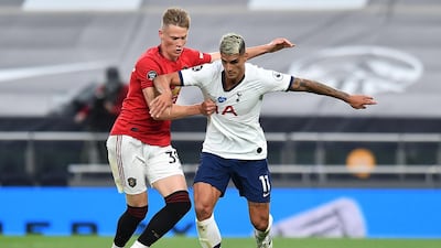 Scott McTominay challenges Erik Lamela during the Premier League game between Manchester United and Tottenham. AFP