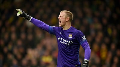 Joe Hart of Manchester City shouts during their Premier League match against Norwich City on Saturday. Michael Regan / Getty Images / March 12, 2016