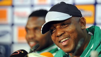 Nigeria’s coach Stephen Keshi speaks during a press conference on February 5, 2013 at Moses Mabhida Stadium in Durban on the eve of his team’s 2013 Africa Cup of Nations semi-final match against Mali. AFP PHOTO / ALEXANDER JOE
