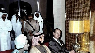 The Founding President, Sheikh Zayed, with the UK's Queen Elizabeth and Prince Philip at a lunch in their honour at Hilton Al Ain in 1979. The Queen was on a landmark visit to the country. Courtesy: National Archives
