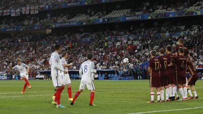 England’s Eric Dier scores their first goal against Russia in their Euro 2016 match at the Stade Velodrome in Marseille. Jason Cairnduff / Reuters