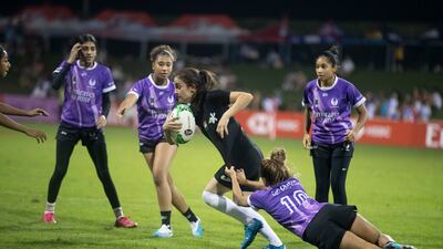 Al Maha, the trailblazing Emirati team, in their opening fixture in the Gulf Women’s tournament. It finished 10-10, and they are thrilled to be on the scoreboard.