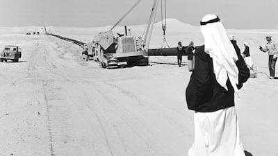 A pipeline under construction in Abu Dhabi in 1969. Courtesy Adnoc Drilling