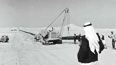A pipeline under construction in Abu Dhabi in 1969. Courtesy Adnoc Drilling