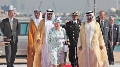 Sheikh Mohammed bin Rashid, Sheikh Mohamed bin Zayed, Britain's Queen Elizabeth and her husband Prince Philip arrive at a ceremony to unveil the design of the new Zayed National Museum in Abu Dhabi, in November 2010. They are accompanied by Sheikh Abdullah bin Zayed, Minister of Foreign Affairs and International Co-operation. EPA