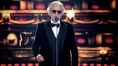 Italian opera singer Andrea Bocelli performed with UAE and Israeli musicians Dubai Opera on Tuesday, December 8. Here he is seen on stage in Germany on December 5, 2020. EPA