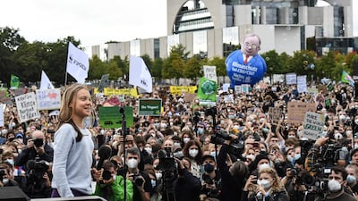 Greta Thunberg speaks to demonstrators at a Fridays for Future global climate strike in front of the Chancellery in Berlin. AFP