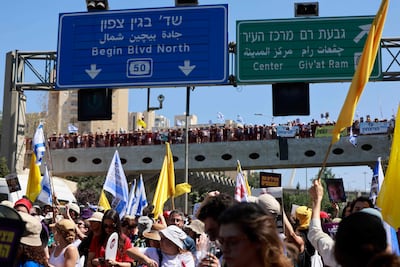 Israelis hold a rally in Jerusalem to call for the government to take action to secure the release of the remaining hostages in Gaza. AFP