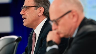 Jihad Azour, left, director of the IMF Middle East and Central Asia Department and Roberto Cardarelli, assistant director of the IMF Middle East and Central Asia Department, during a media briefing on the regional economic outlook for the Middle East and Central Asia in Washington. AFP