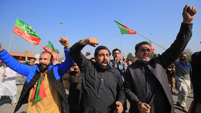 Supporters of the Pakistan Tehrik-e-Insaf (PTI) political party gather to protest as they allege rigging in the general elections, in Peshawar, Pakistan, 11 February 2024. The Election Commission of Pakistan (ECP) has started releasing the results of the recent general elections after a 12-hour delay. The election took place amidst security measures, including mobile and internet restrictions, and the outcome remains uncertain as no clear winner has emerged yet. EPA / BILAWAL ARBAB