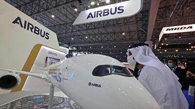 A model of the Airbus A350-1000 at the 2021 Dubai Airshow. Orders secured at the global aviation event in Dubai helped the European plane maker to vault past Boeing. Photo: AFP